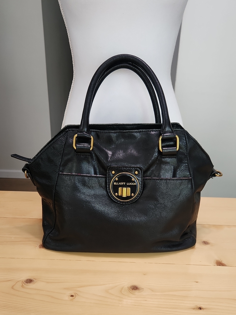 Elliott Lucca Black Genuine Leather Turnlock Satchel Bag